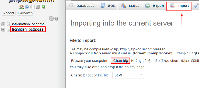 Import file định dạng .SQL vừa Export