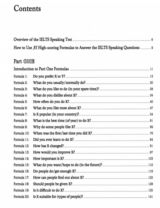 Mục lục trong 31 High-Scoring Formulas to Answer the IELTS Speaking Questions
