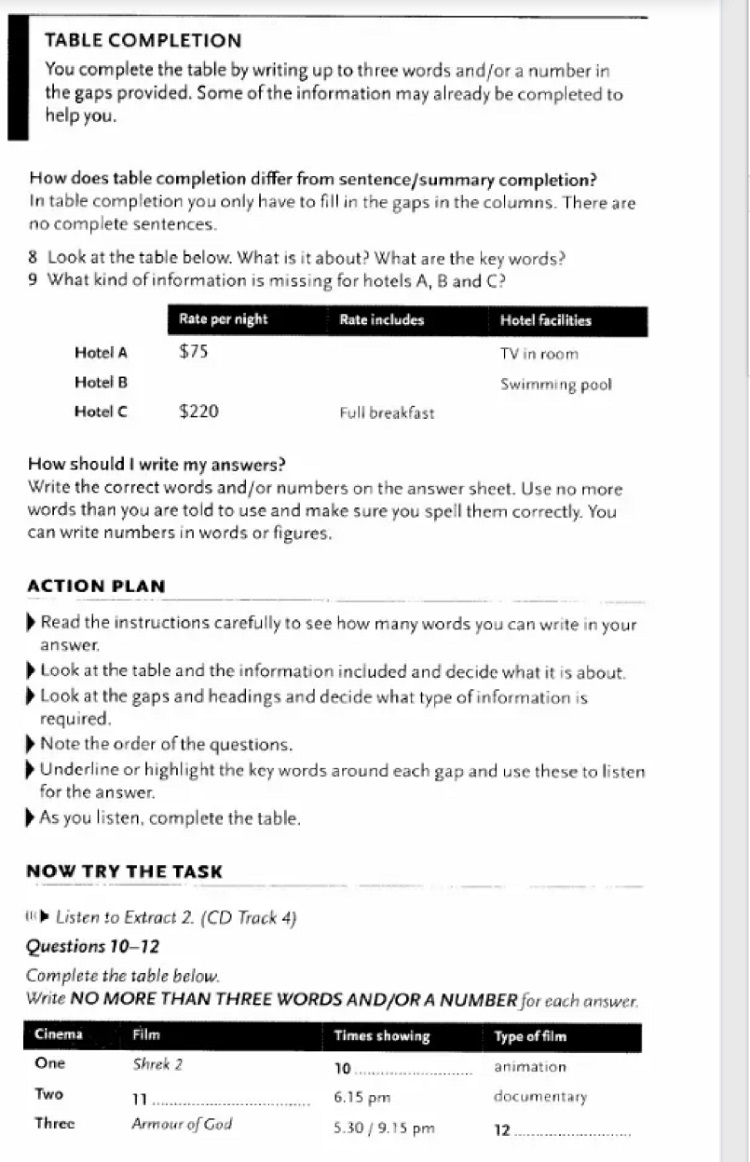 Phần Table Completion trong sách Action Plan for IELTS