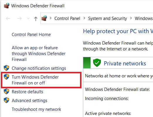 Chọn vào mục Turn Window Defender Firewall on or off.
