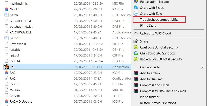 Đầu tiên bạn nhấn chuột phải vào file Ra2.exe và chọn Troubleshoot compatibility