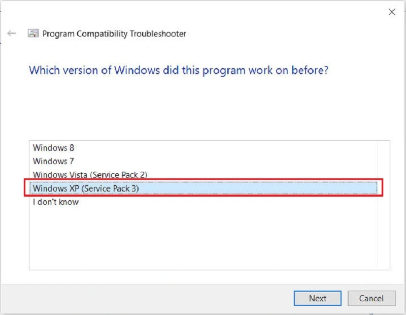 Tại Win10/11 bạn sẽ chọn Windows XP (Service Park 3)