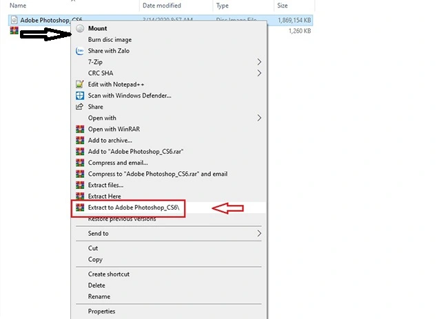 Click chuột phải vào file Adobe Photoshop CS6 Winrar.