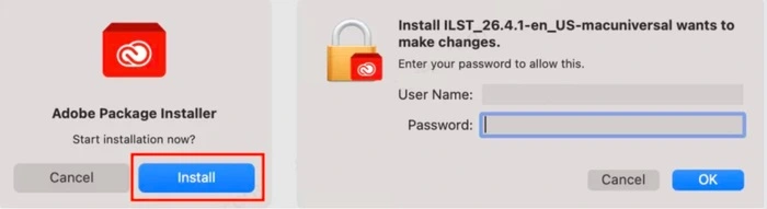 Cài đặt file Adobe Package Installer và nhập mật khẩu của MacBook M1