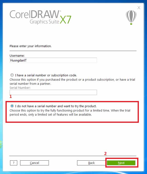 Cửa sổ chọn “I do not have a serial number and want to try product”