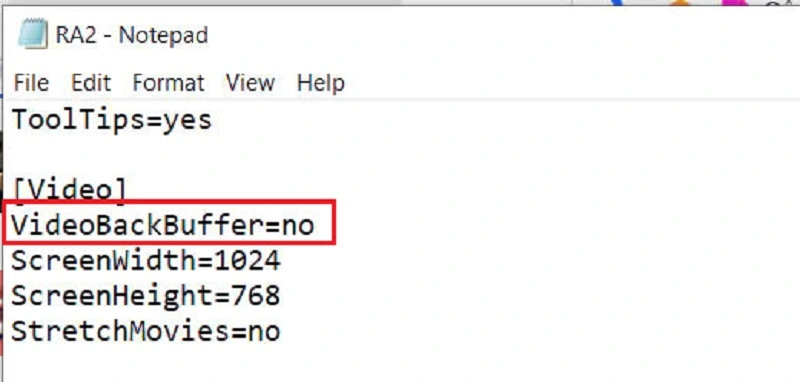 Bạn tiến hành thêm dòng code ”VideoBackBuffer=no” vào trong file RA2