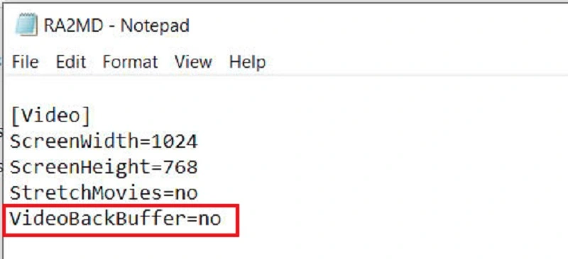 Bạn tiến hành thêm dòng code ”VideoBackBuffer=no” vào trong file RA2MD