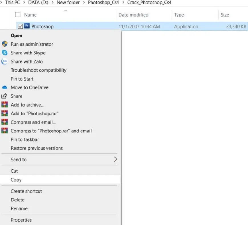 Copy file Photoshop trong thư mục Crack.