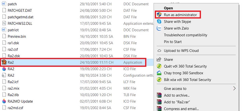 Cuối cùng, để chơi game tại "Ra2.exe (Application)" bạn chọn Run as Administrator