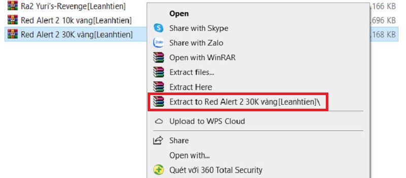 Đầu tiên bạn tiến hành giải nén file "Red Alert 2 30k vang[Leanhtien]"