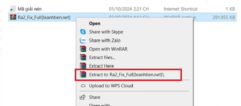 Click chuột phải chọn “Ra2_Fix_Full[leanhtien.net]” để bắt đầu tiến hành giải nén file