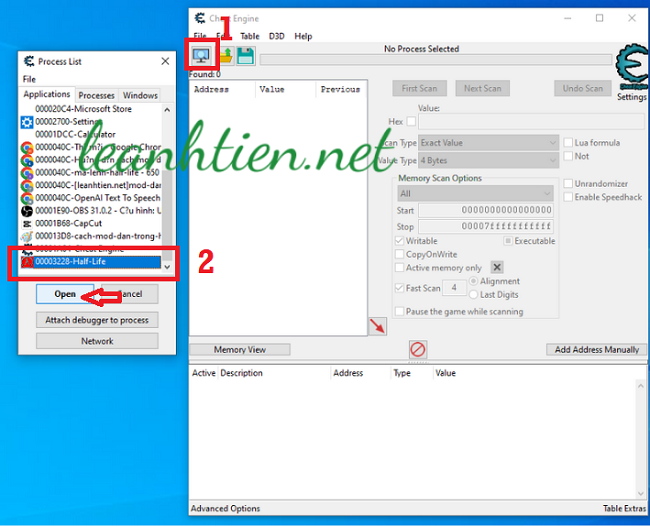 Mở game Half Life trong phần mềm Cheat Engine