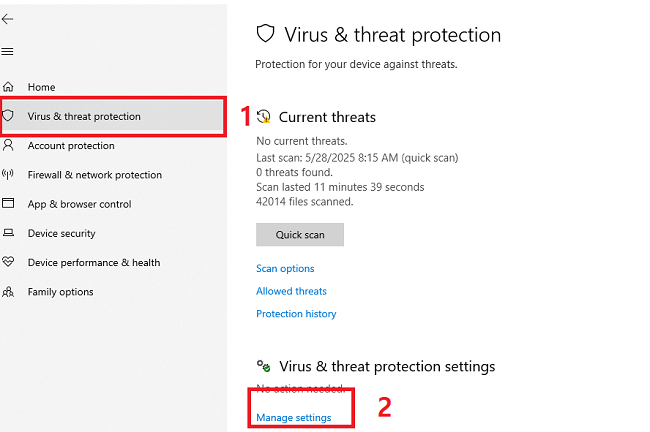 Chọn phần manage settings