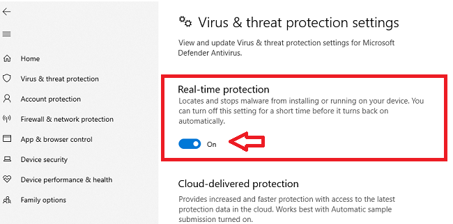 Tắt chế độ "Real-time protection"